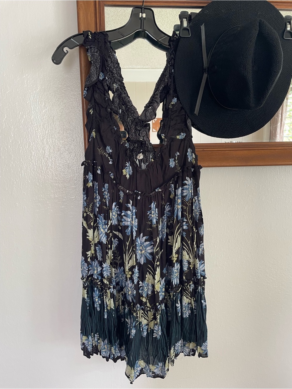 Free People Black Floral Mini Dress with Blue & Cream Blooms